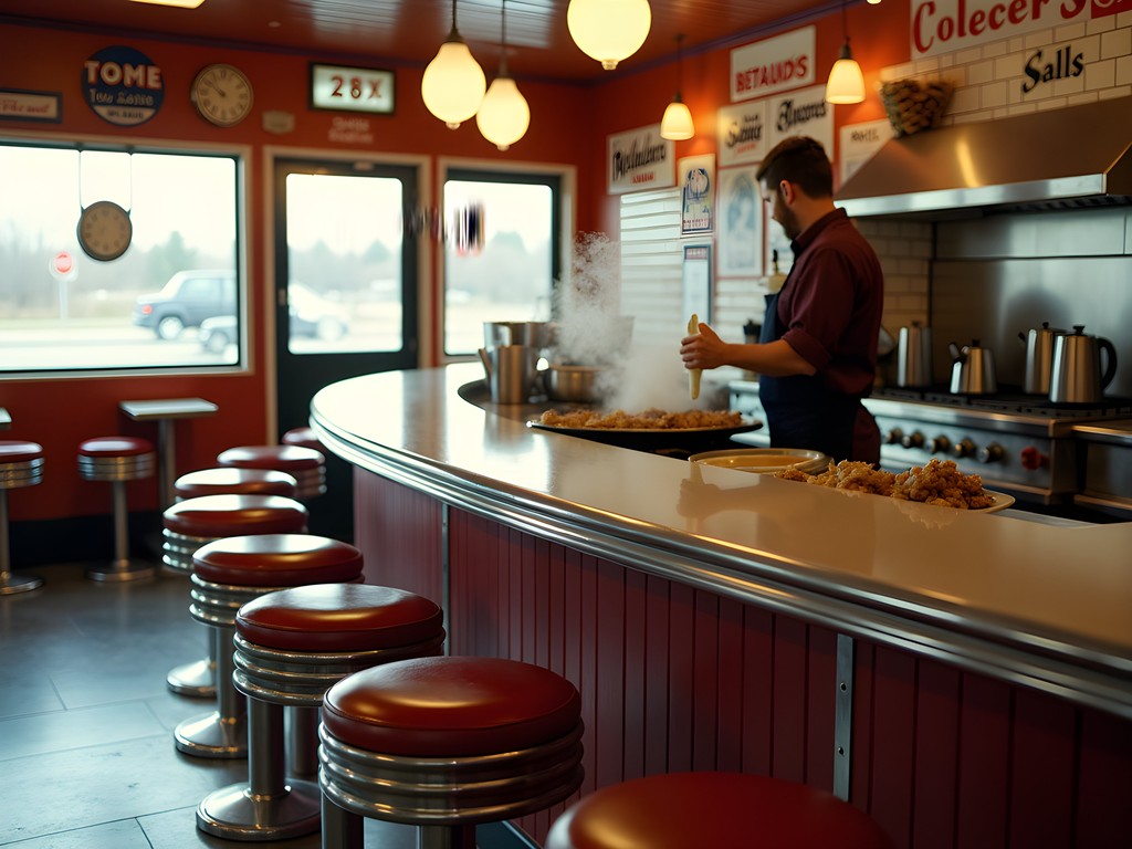 Historic Nick's Hamburger Shop interior with vintage horseshoe counter and grill