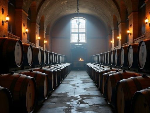 Historic wooden barrels aging lambic beer at Cantillon Brewery in Brussels