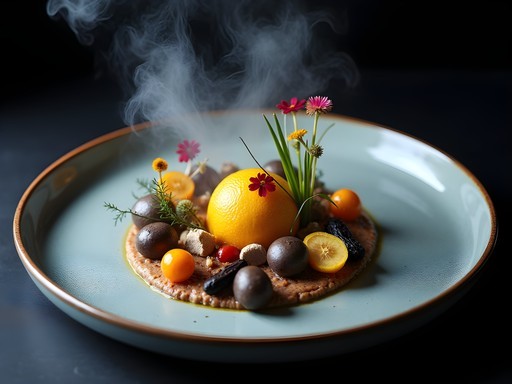 Artfully plated fine dining dish resembling celestial landscape in Brussels restaurant
