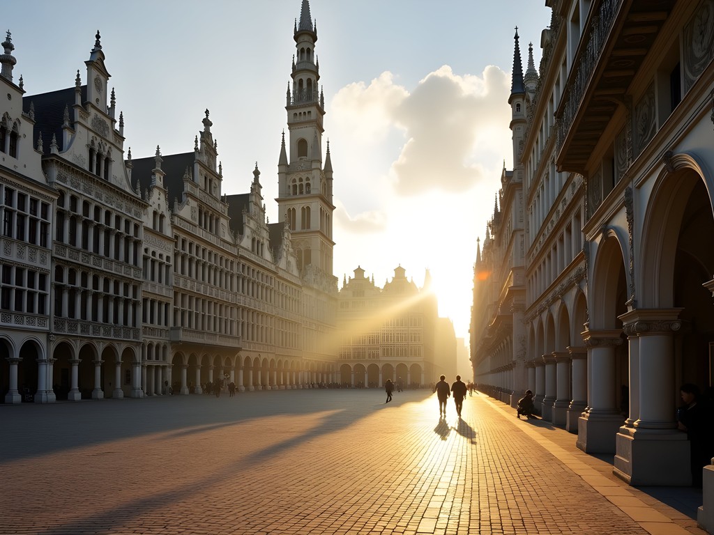 Golden morning light illuminating Brussels Grand Place architecture