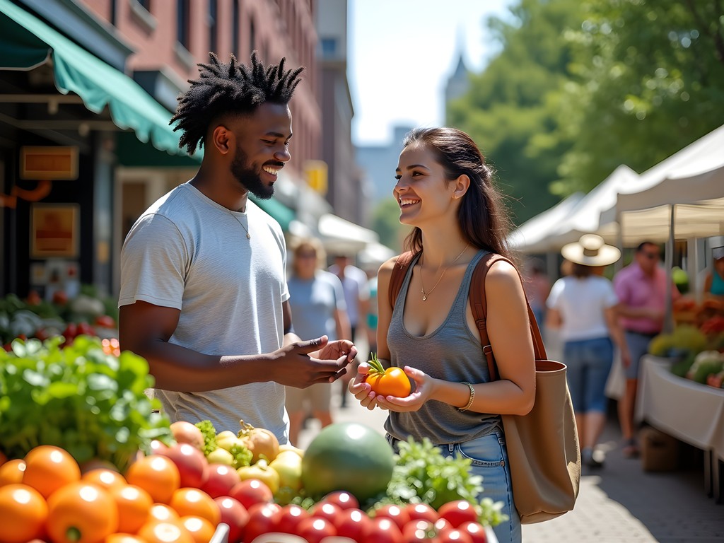 Couple shopping at a vibrant Buffalo farmers market with fresh produce displays