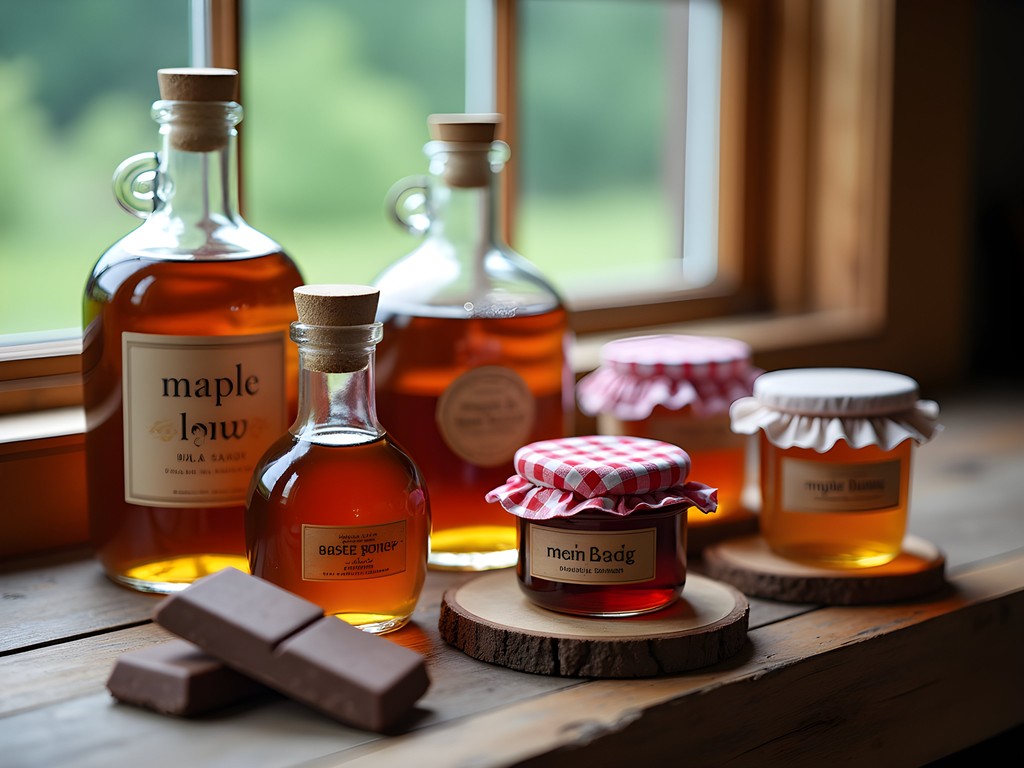 Collection of Vermont food souvenirs including maple syrup, honey, and artisanal products from Burlington