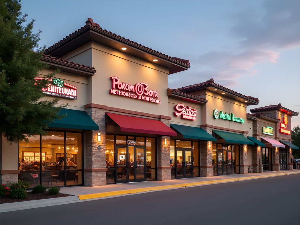 Diverse restaurant storefronts along Burnsville Parkway showcasing global cuisines