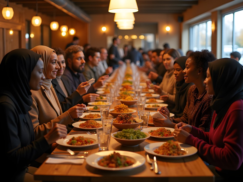 Diverse group of diners sharing a meal at a communal table in a Burnsville restaurant