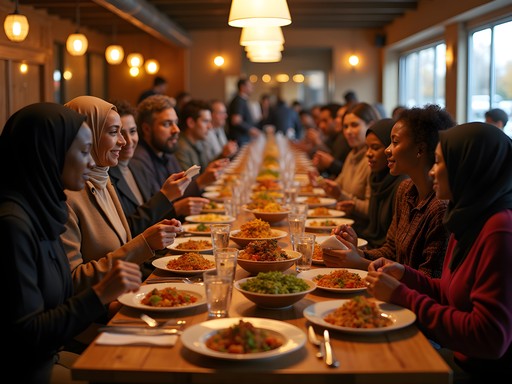 Diverse group of diners sharing a meal at a communal table in a Burnsville restaurant