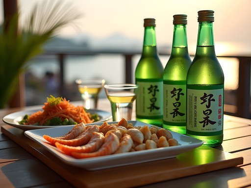 Traditional soju bottles and glasses with Busan seafood spread on wooden table