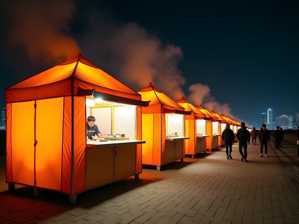 Orange street food tents (pojangmacha) illuminated at night along Haeundae Beach