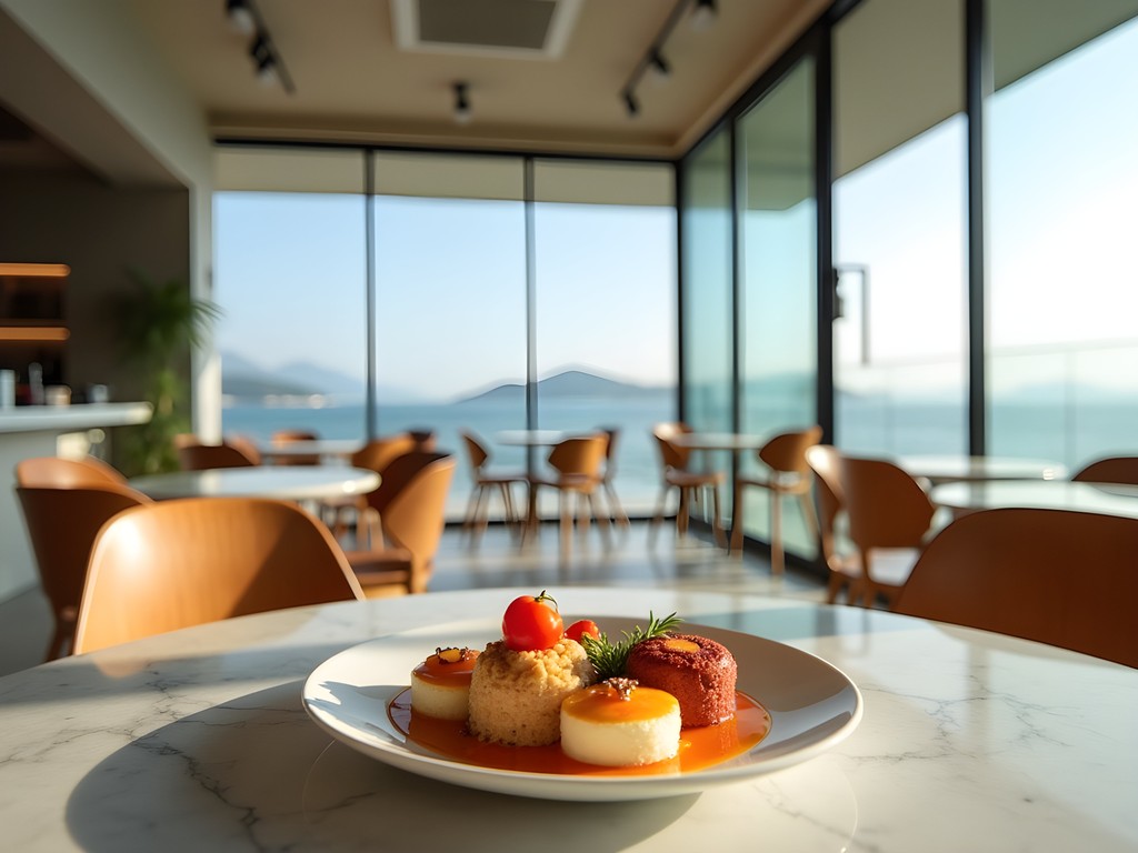 Contemporary café in Busan with ocean view and modern Korean desserts