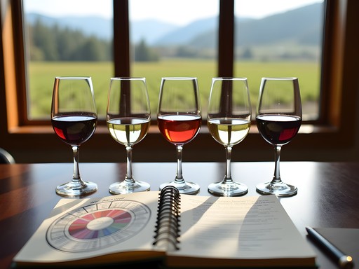 Wine tasting flight with scientific notebook and aroma wheel