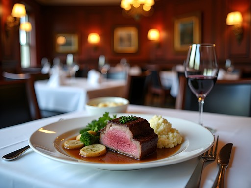 Elegant table setting at Benders Tavern with prime rib and wine