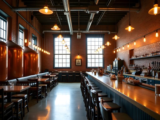 Historic brick interior of Royal Docks Brewing Company with copper brewing tanks