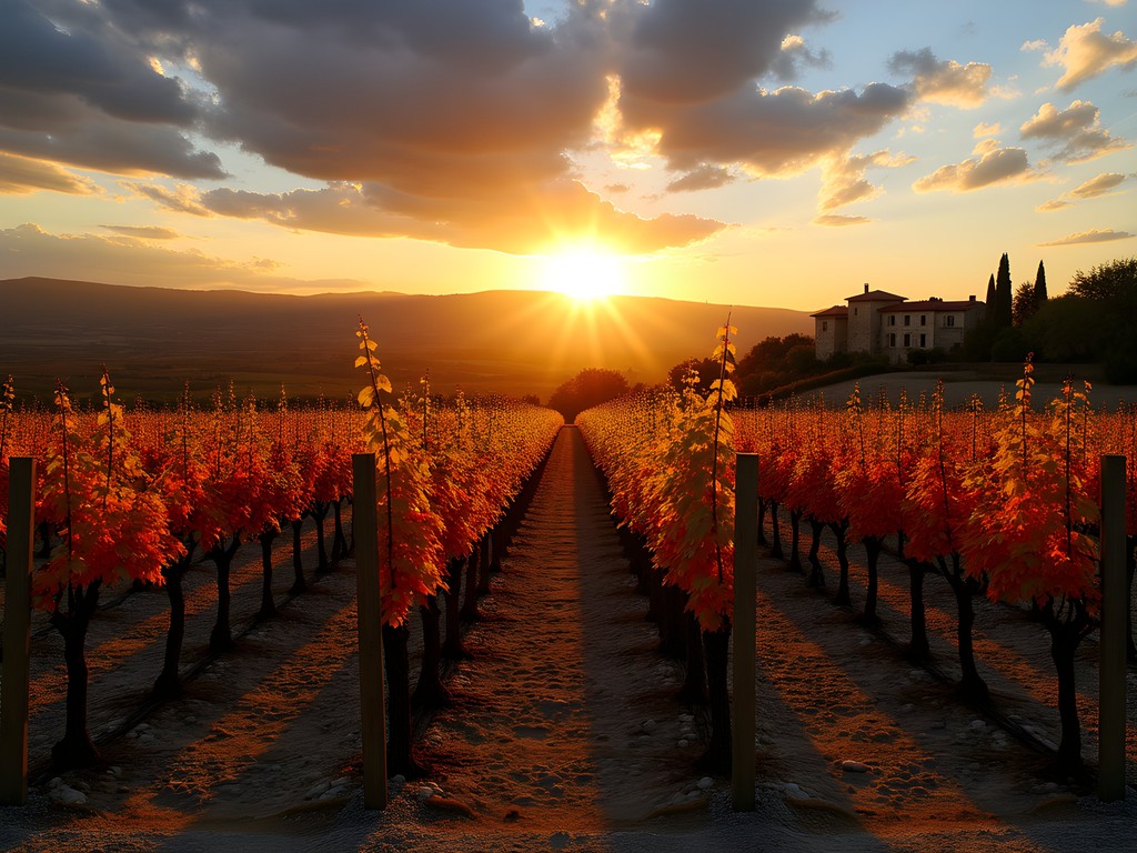 Sunset over Châteauneuf-du-Pape vineyards showing characteristic stone-covered soil
