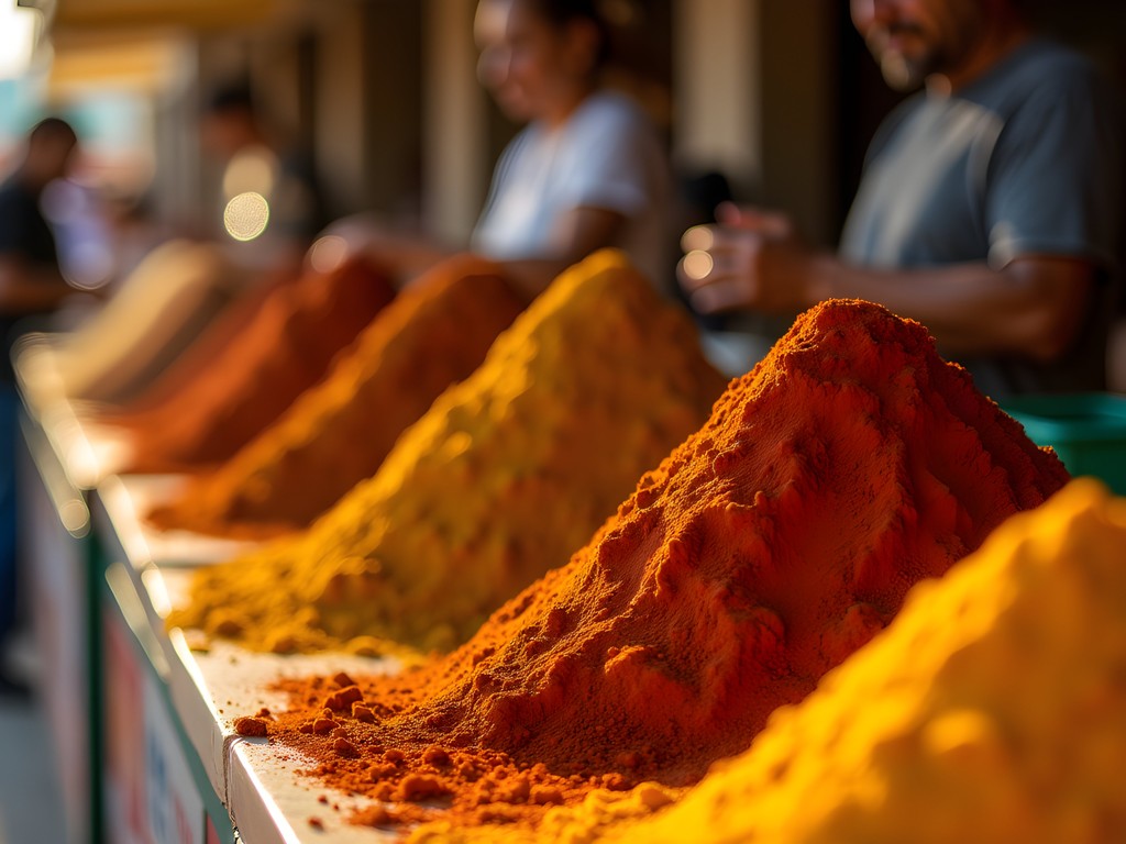 Colorful pyramids of spices at Casablanca Central Market with vendor arranging display