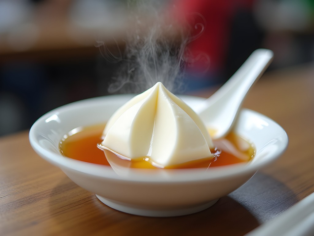 Traditional silken tofu dessert with clear syrup from Lao Ban Soya Beancurd in Singapore's Chinatown Complex