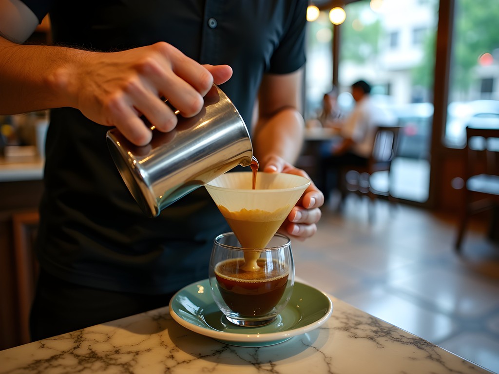 Traditional sock coffee preparation at a Singapore kopitiam with barista using cloth filter