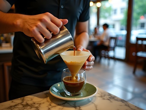 Traditional sock coffee preparation at a Singapore kopitiam with barista using cloth filter