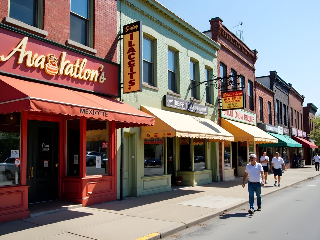 Colorful storefronts of Mexican and Italian restaurants along a street in Cicero, Illinois