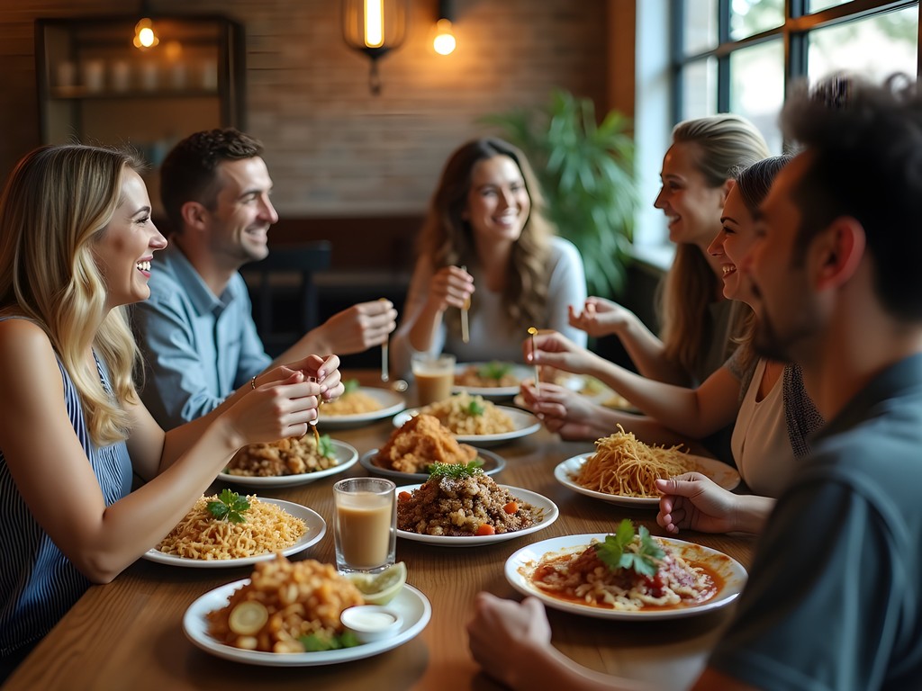 Diverse group of friends sharing and sampling various Mexican and Italian dishes at a table in Cicero