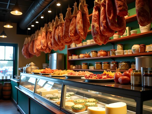 Traditional Italian deli counter with hanging cured meats, cheeses and prepared foods in Cicero