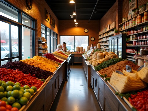 Colorful display of fresh produce and specialty ingredients at a Mexican market in Cicero