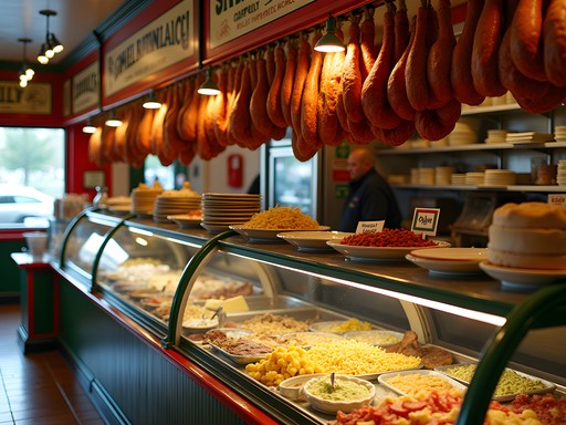 Traditional Italian deli counter at Freddy's Pizza showing cured meats, cheeses and prepared foods