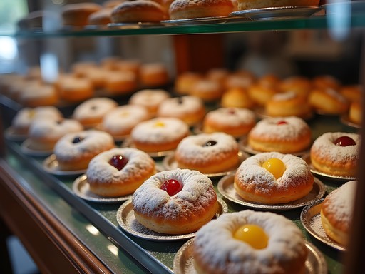 Traditional Czech kolacky pastries displayed in glass case at historic Vesecky's Bakery in Cicero