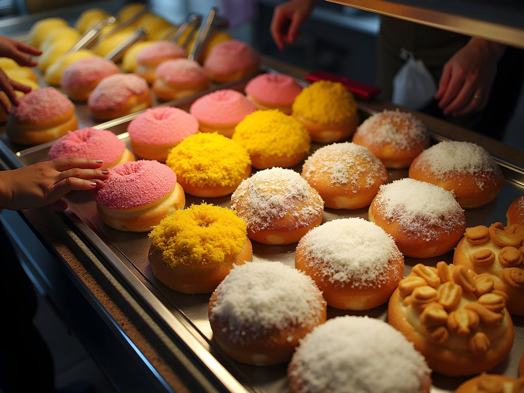 Colorful Mexican sweet breads and pastries in bakery display case in Cicero Illinois