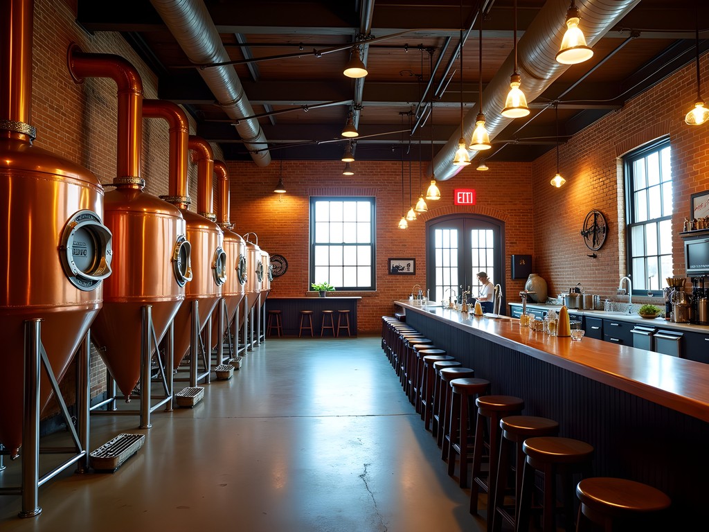 Historic brick brewery with copper brewing equipment visible through large windows in Columbus, Nebraska