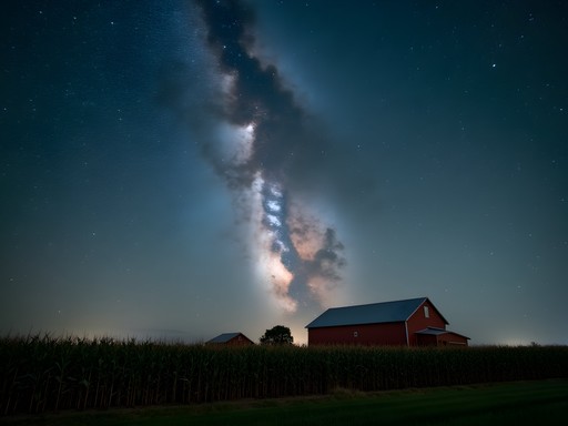 Night sky with Milky Way visible above silhouetted agricultural landscape near Columbus, Nebraska
