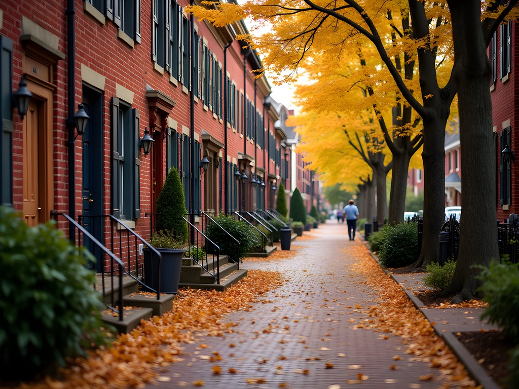 Brick streets and historic cottages in Columbus German Village during autumn