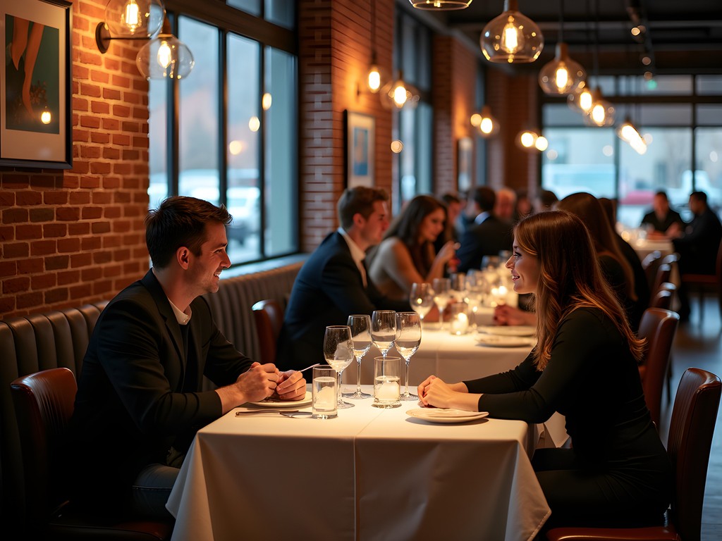 Modern restaurant interior in Columbus Short North Arts District with couples dining