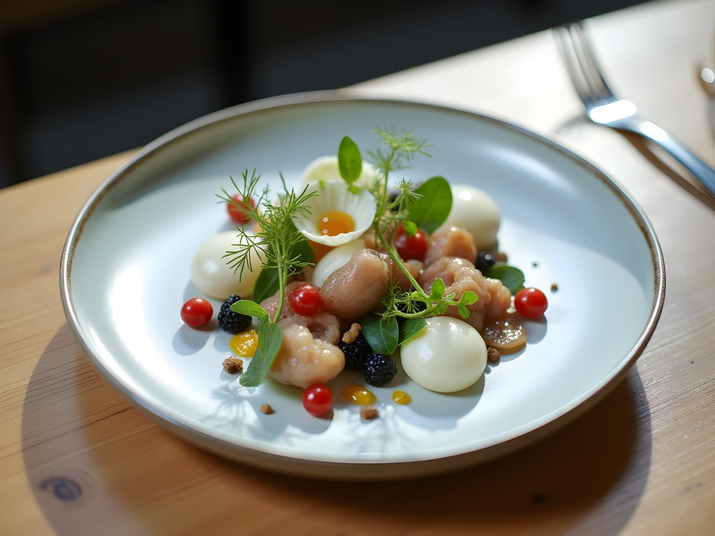 Elegantly plated New Nordic dish at Noma featuring foraged ingredients and artistic presentation