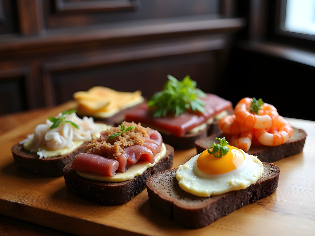 Traditional Danish smørrebrød platter with various toppings at Restaurant Schønnemann in Copenhagen