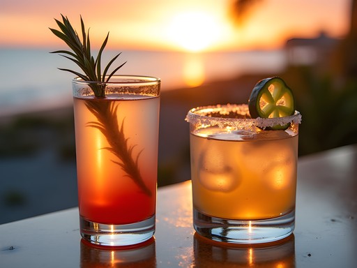 Colorful coastal-inspired cocktails with Gulf view at sunset in Corpus Christi bar