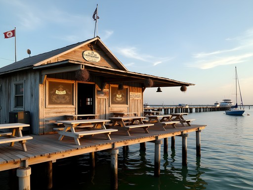 Rustic seafood restaurant under causeway bridge in Corpus Christi with wooden deck and Gulf waters