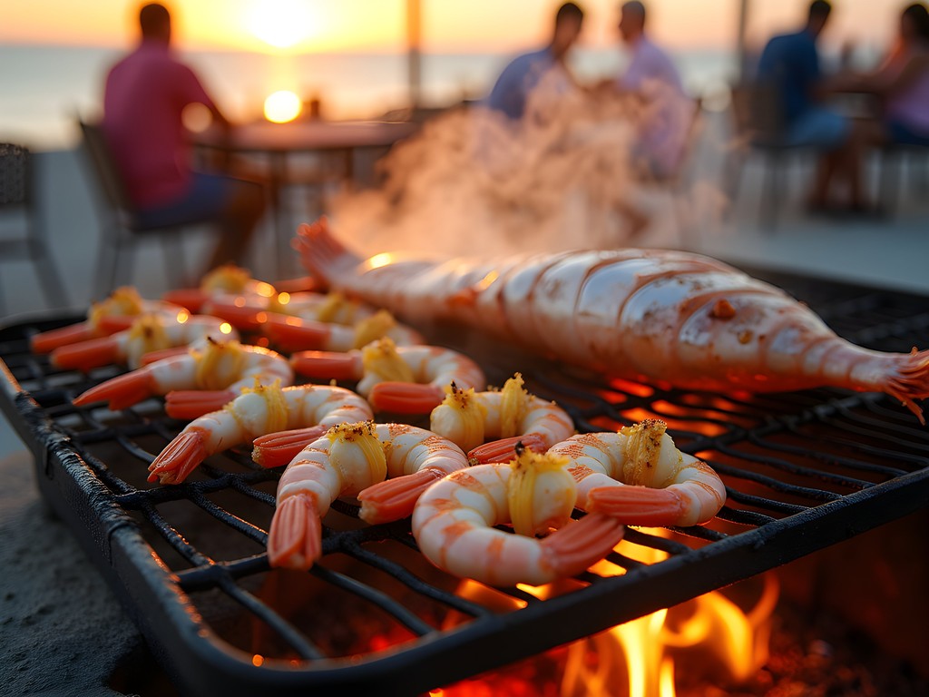 Grilling fresh Gulf shrimp and red snapper on outdoor patio with sunset in background