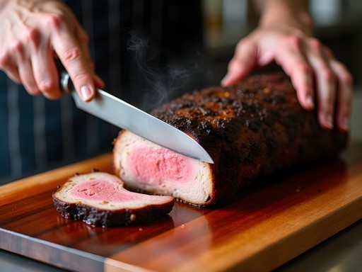 Pitmaster slicing perfectly smoked brisket with visible smoke ring and bark