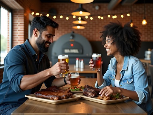 Couple sharing BBQ meal at rustic Dallas smokehouse with craft beers