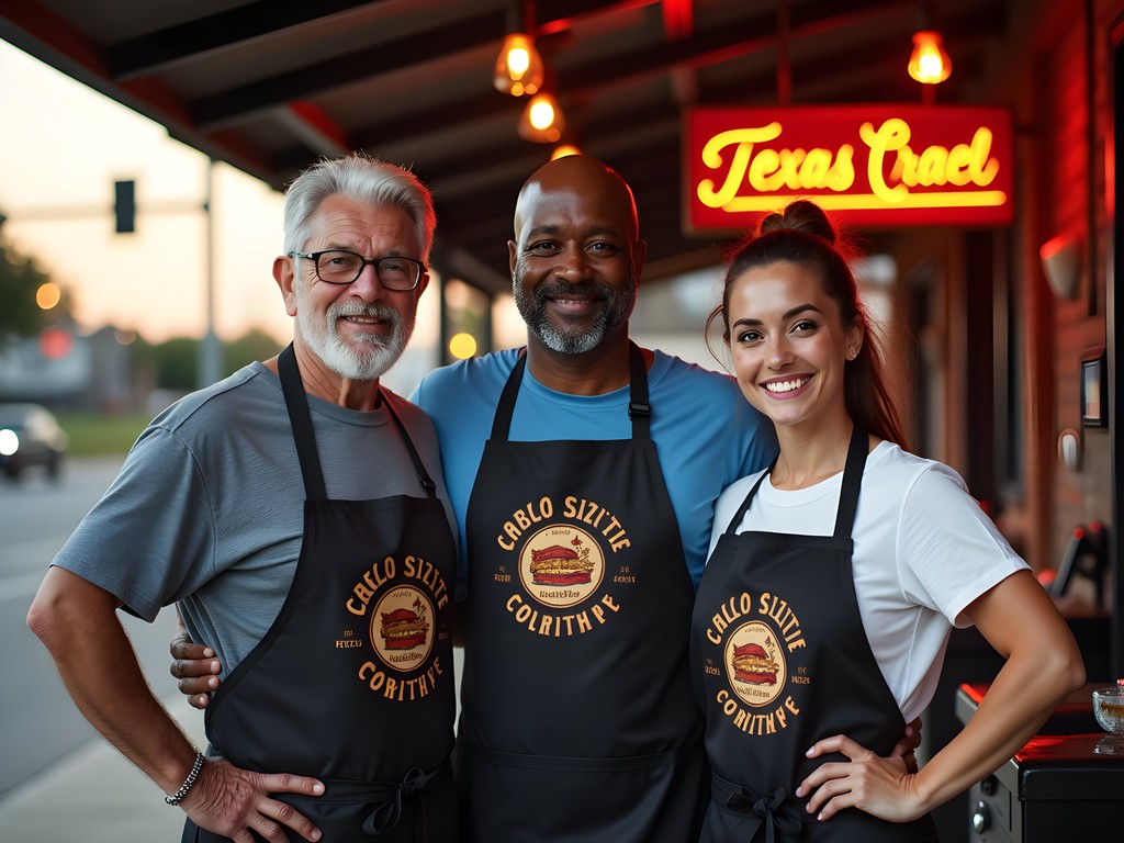 Multi-generational pitmaster family standing proudly outside their Dallas BBQ restaurant