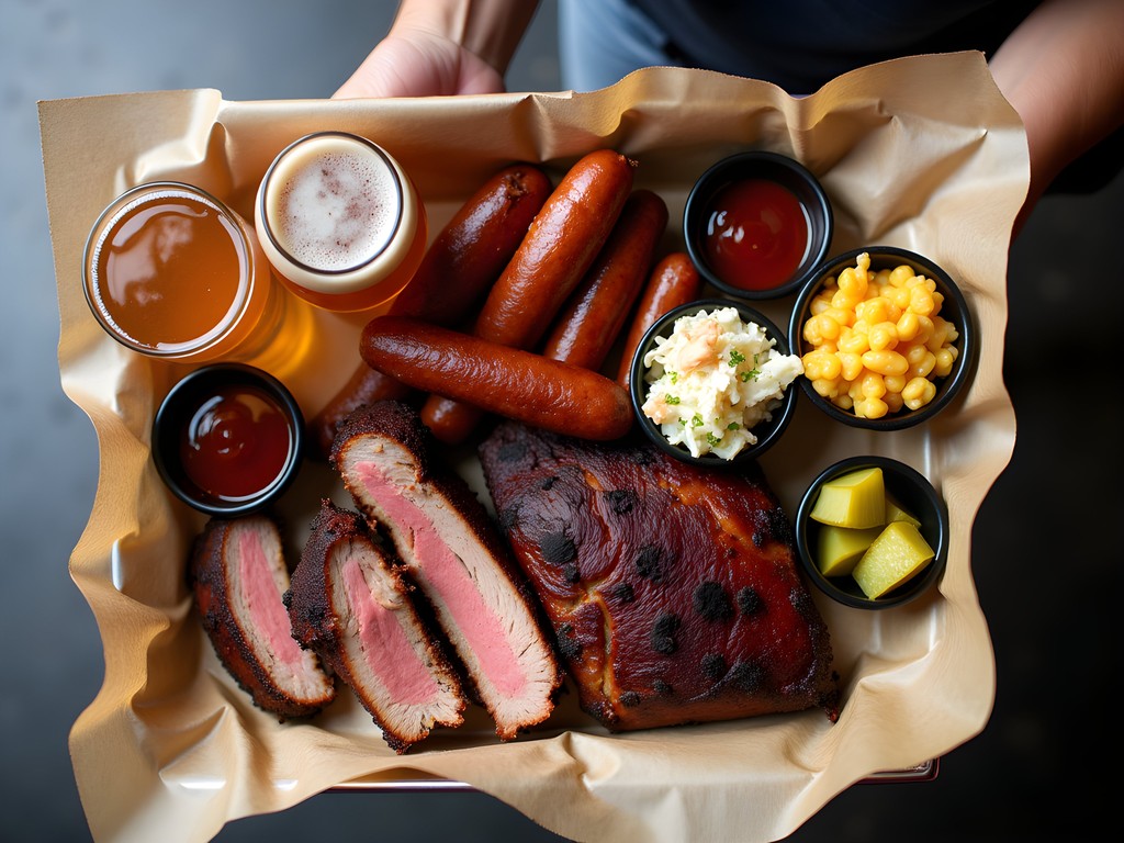 Comprehensive Texas BBQ spread with multiple meats and sides on butcher paper