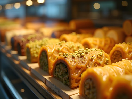 Assortment of freshly made baklava and Middle Eastern pastries in Dearborn bakery
