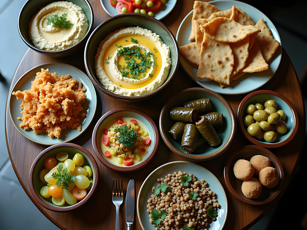 Colorful spread of Lebanese mezze dishes at Dearborn restaurant
