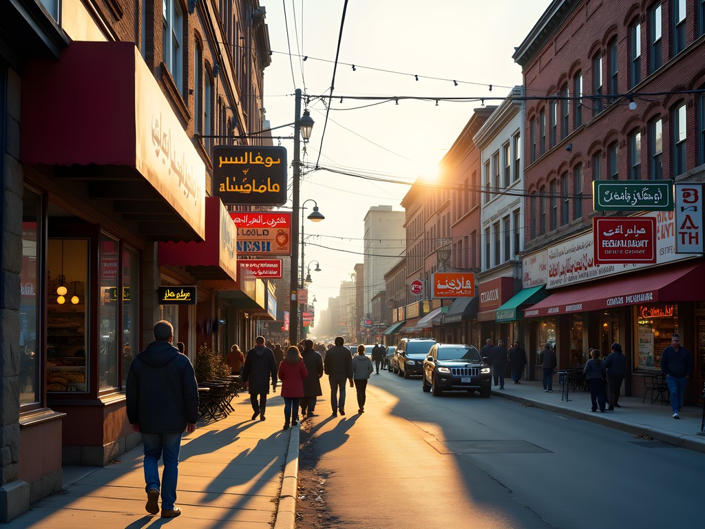 Colorful storefronts with Arabic signs along Warren Avenue in Dearborn