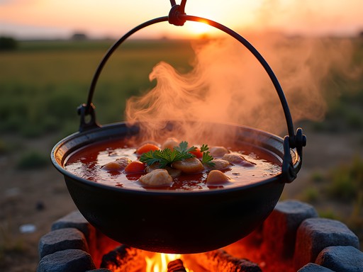 Traditional Hungarian bogrács cooking over open flame in Hortobágy