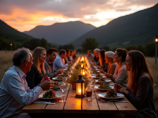 Family enjoying communal outdoor dinner at Drakensberg farm stay