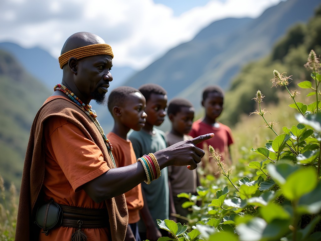 Local guide showing indigenous edible plants in Drakensberg foothills