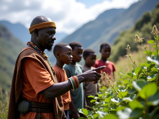 Local guide showing indigenous edible plants in Drakensberg foothills