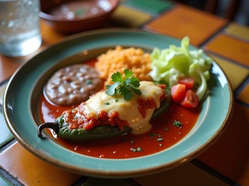Traditional chile relleno smothered in red sauce with rice and beans at El Paso restaurant