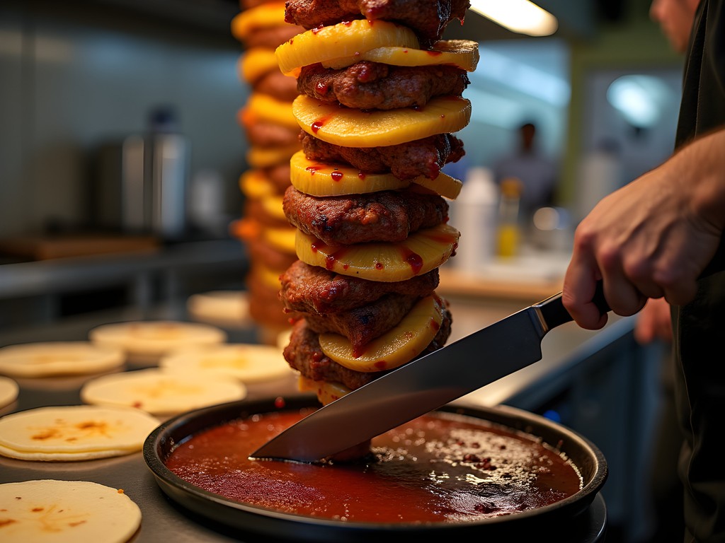 Traditional tacos al pastor with pineapple on vertical spit at El Paso taqueria
