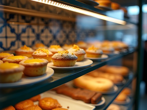 Colorful display of Portuguese pastries including pastéis de nata at Barcelos Bakery in Fall River